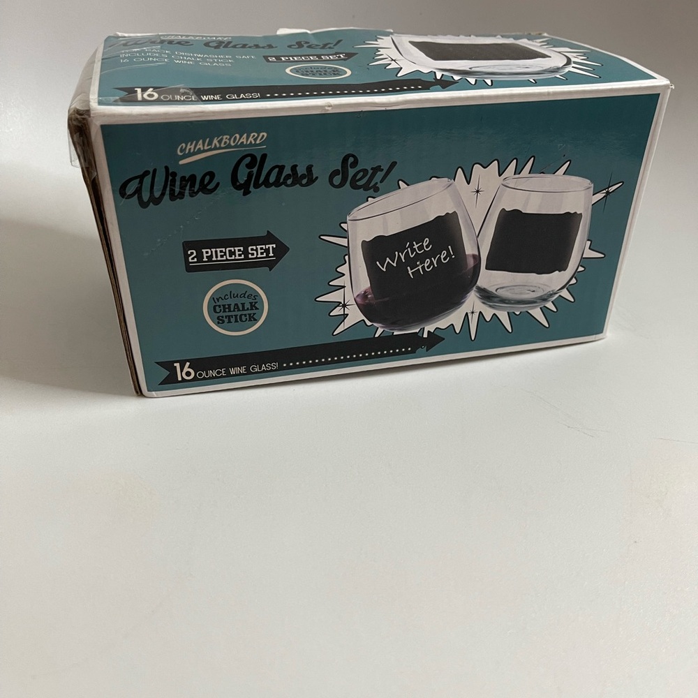 New in Box Chalkboard WINE Glass Set 16 ounce Wine Glass 2 Piece Set - Open Box